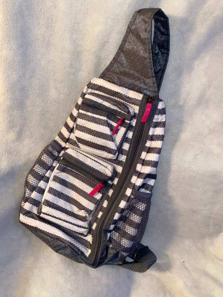 Thirty One Gray And White Striped Crossbody Sling Bag With Pink Accents